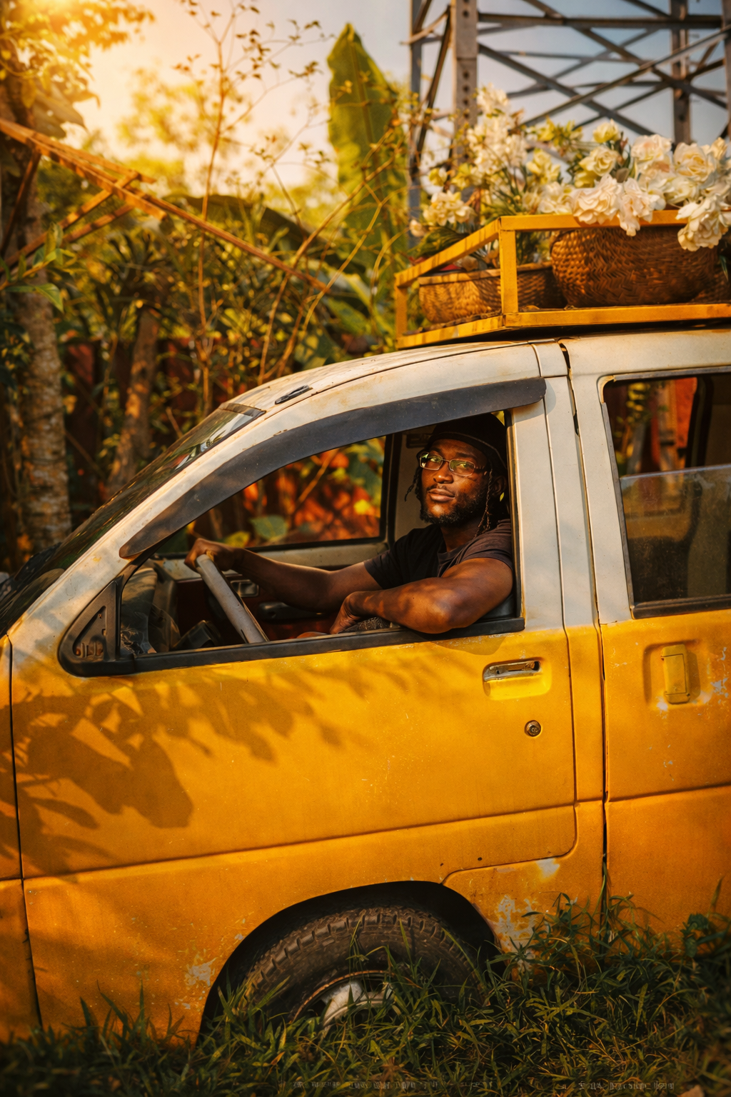 Mike driving a yellow van loaded with flowers