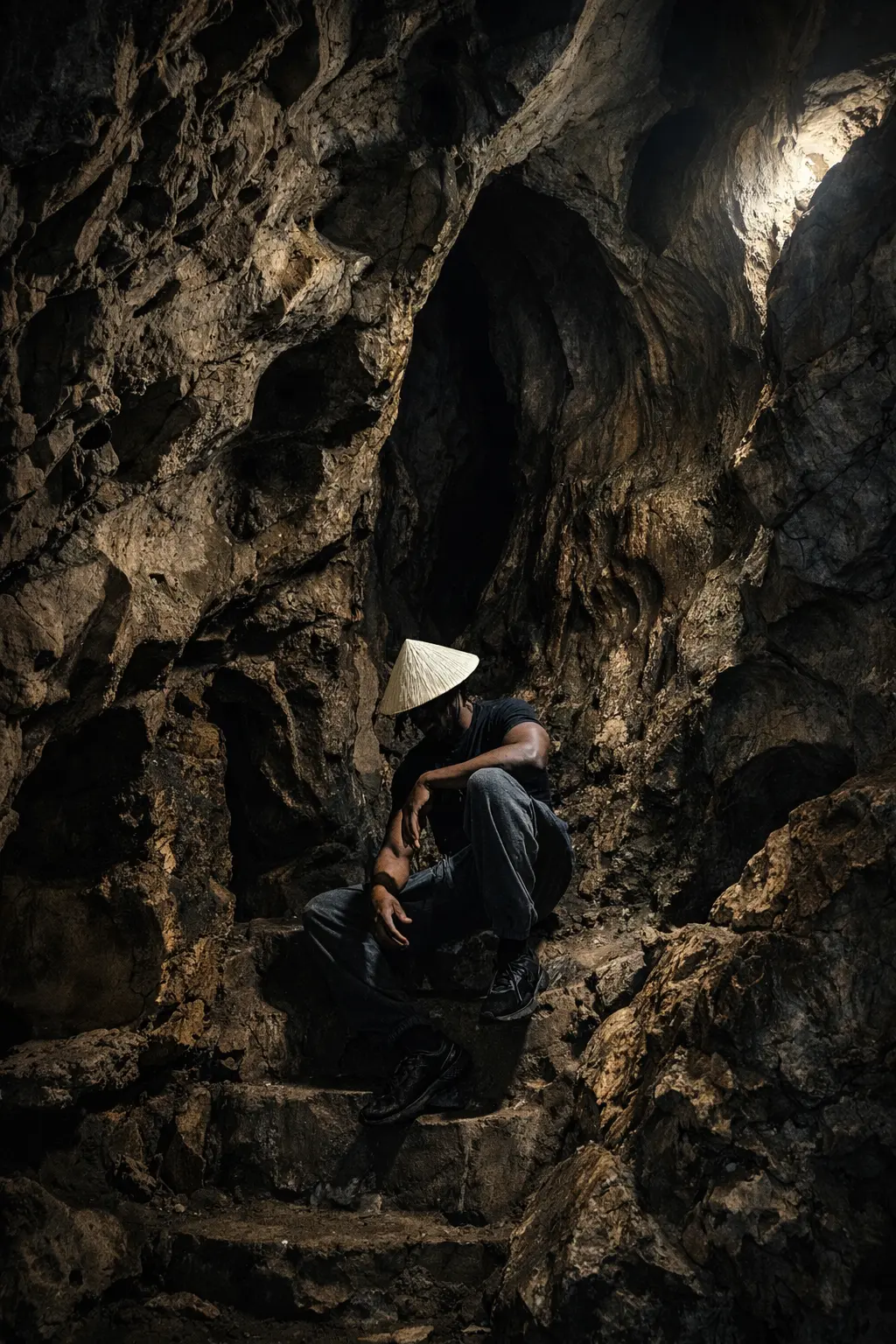 Mike sitting alone on rock steps inside a cave