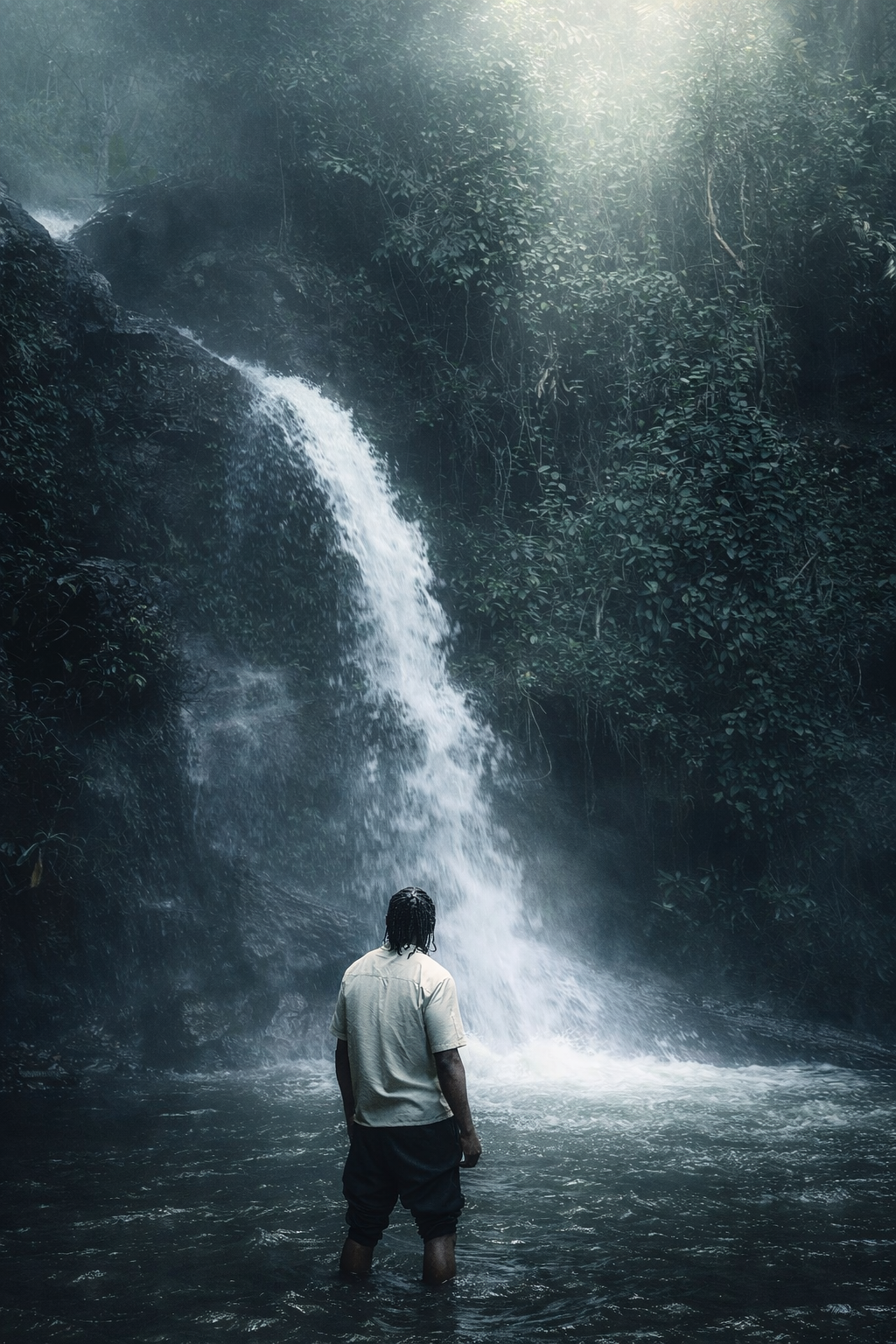 Mike standing in a pool beneath a jungle waterfall